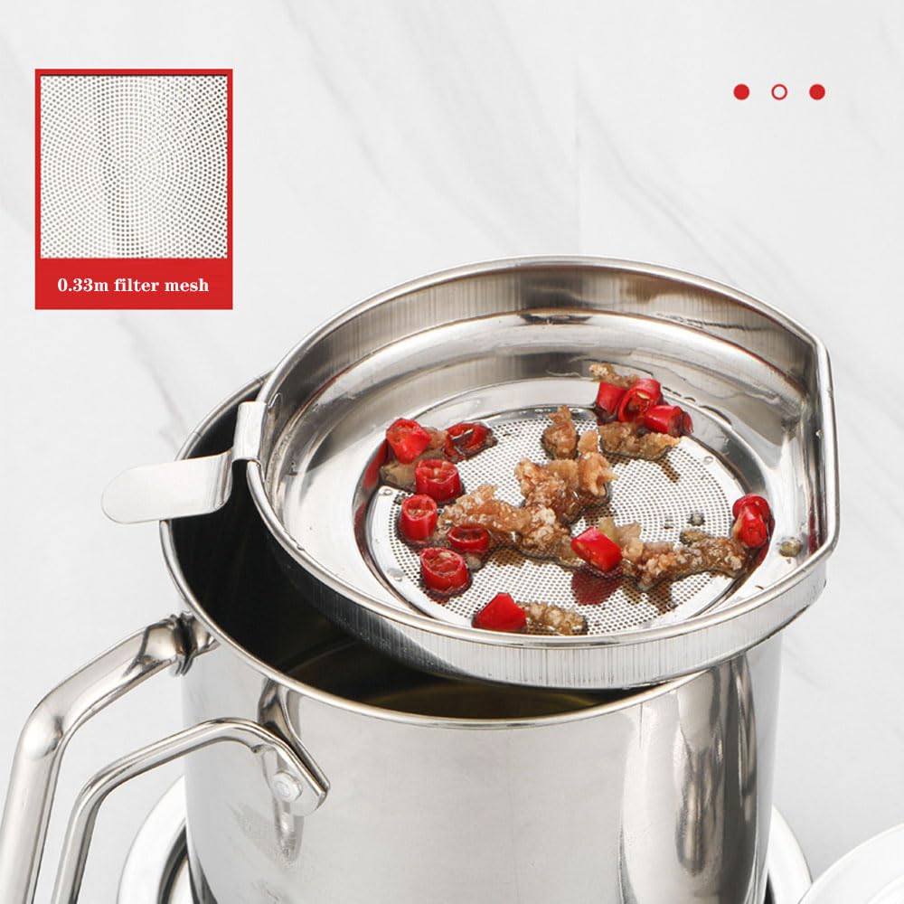 Filtro dell'olio in acciaio inox con colino per cucina, contenitore per grasso per pancetta con coperchio antipolvere, adatto per conservare olio per friggere e grassi da cucina (dimensioni: 1,7 L)