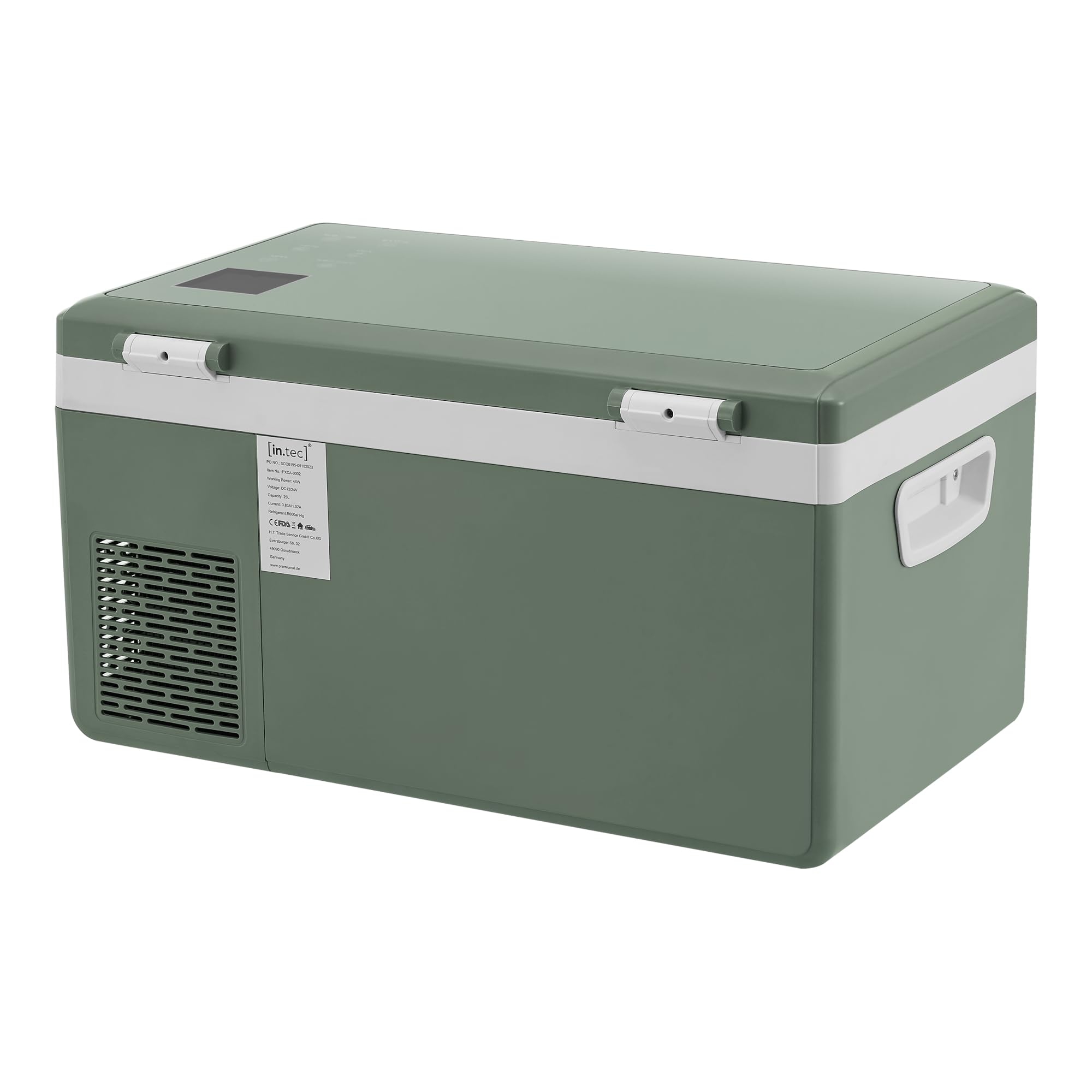 in.tec Nevera Portátil Eléctrica Arnesano Nevera Pequeña de Viaje Pantalla Digital LED con Compartimentos para Coche Barco Hogar Camping Camión hasta -20°C Plástico 15 L - Verde Militar