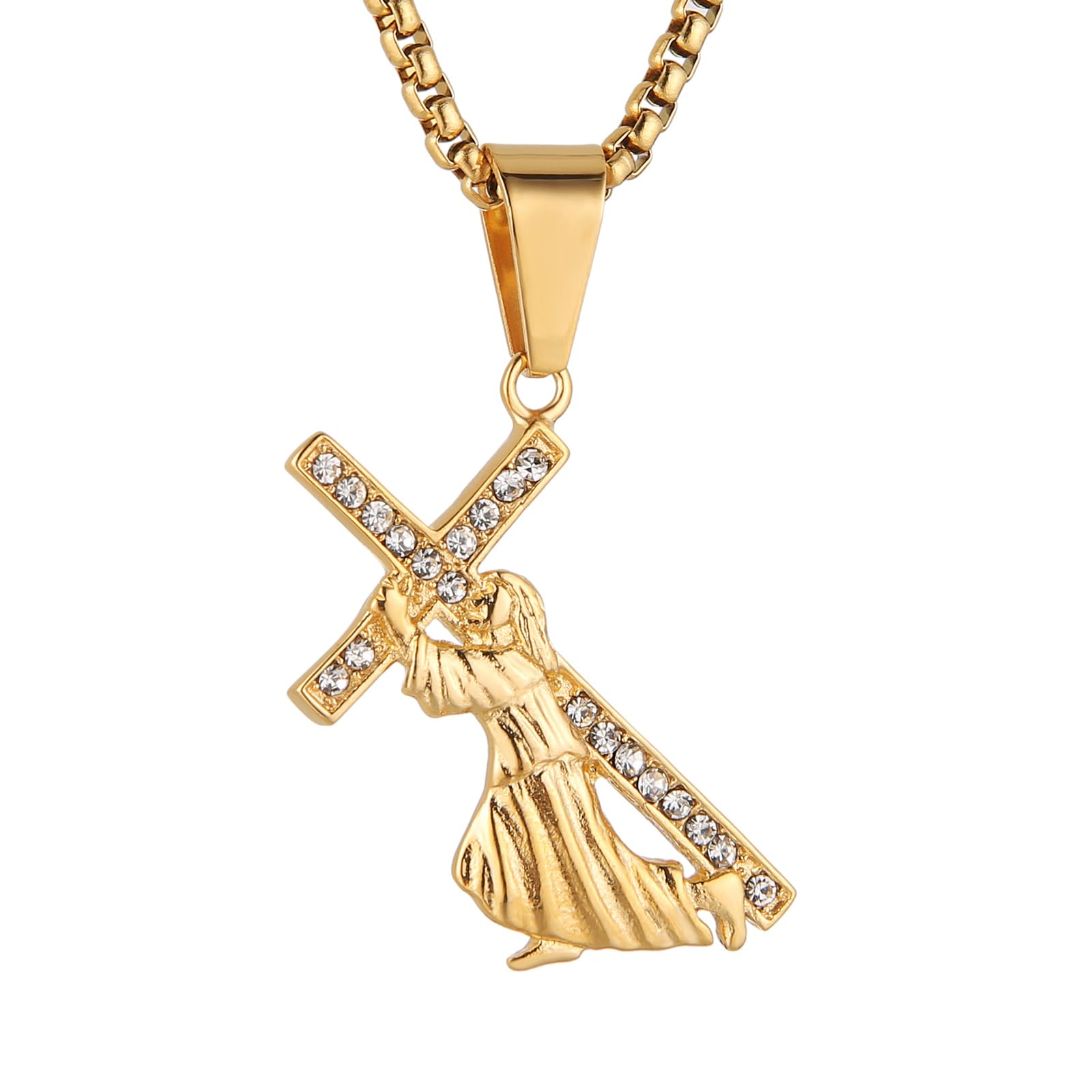 HZMAN Gold Crucifix Necklace for Men Stainless Steel Jesus Cross Pendant