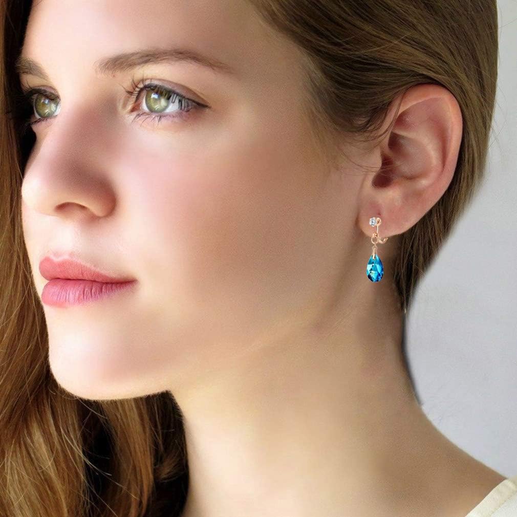 Teardrop Austrian Crystal Drop Clip On Dangle Earrings for Women Non Pierced 14K Rose Gold Plated Hypoallergenic Jewelry - Image 2