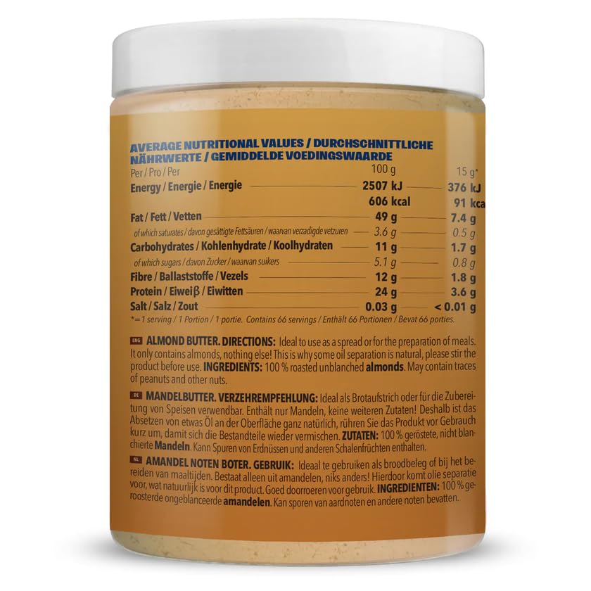 Bodylab24 Almond Butter 1kg smooth, Mandelbutter, 100% Mandeln keine weiteren Zusätze, ideal als Brot-Aufstrich oder zu Pancakes, Porridge & Co, vegan