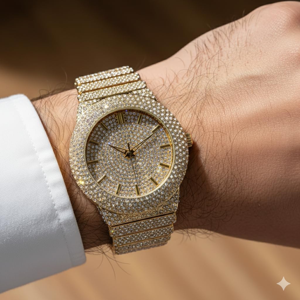 Men’s Fully Iced Out Diamond Simulate Quartz Watch – Includes Watch Adjustment Tool – Gold Dial