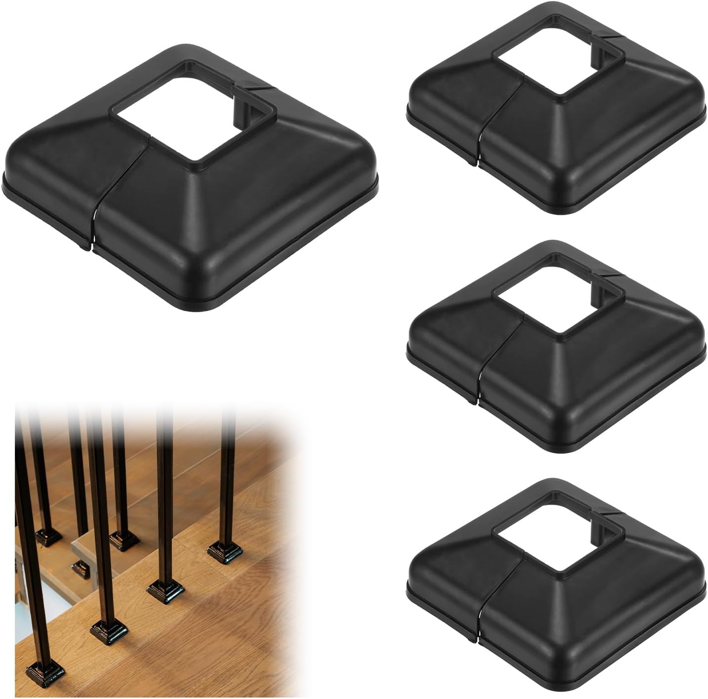 4-Pack Post Base Cover, Fits 1.57"x 1.57" PVC Post Skirt Split Type for Indoor/Outdoor Iron Railing/Wood Posts/Fence/Stairs/Patios/Handrail/Porch Column Wrap Post Trim [Black]