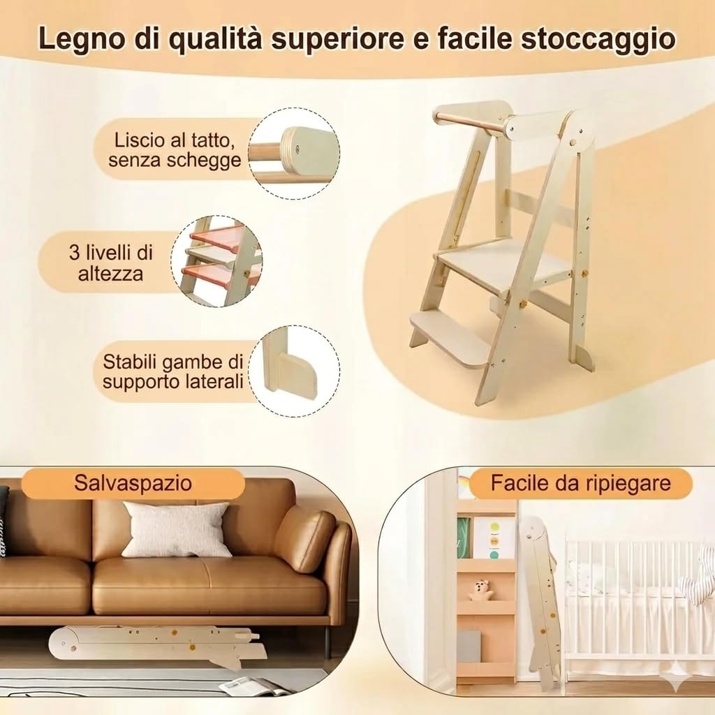 Torre di Apprendimento Pieghevole in Legno per Bambini stile Montessori