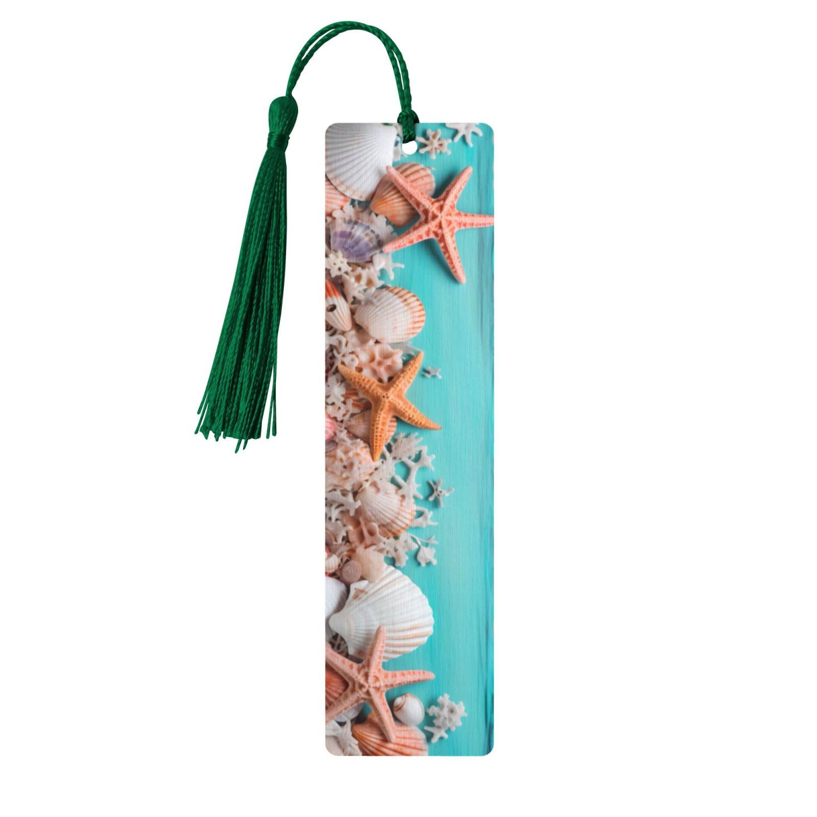 Beach Starfish Shell Double-Sided Print Beach Starfish Shell Bookmarks Wooden Book Marks with Dark Green Tassel, Retro Wooden Lightweight Page Markers Book Lovers Gifts