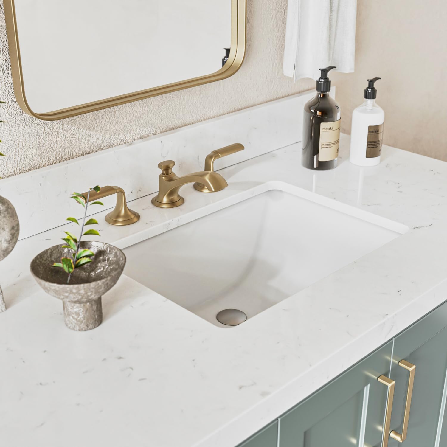 ARIEL Magnolia 42-inch Bathroom Vanity with Sink,Solid Wood, 1.5-inch Carrara White Quartz Countertop, Single Rectangular Porcelain Sink, 2 Soft Closing Doors, 6 Dovetail Drawers, Vintage Green