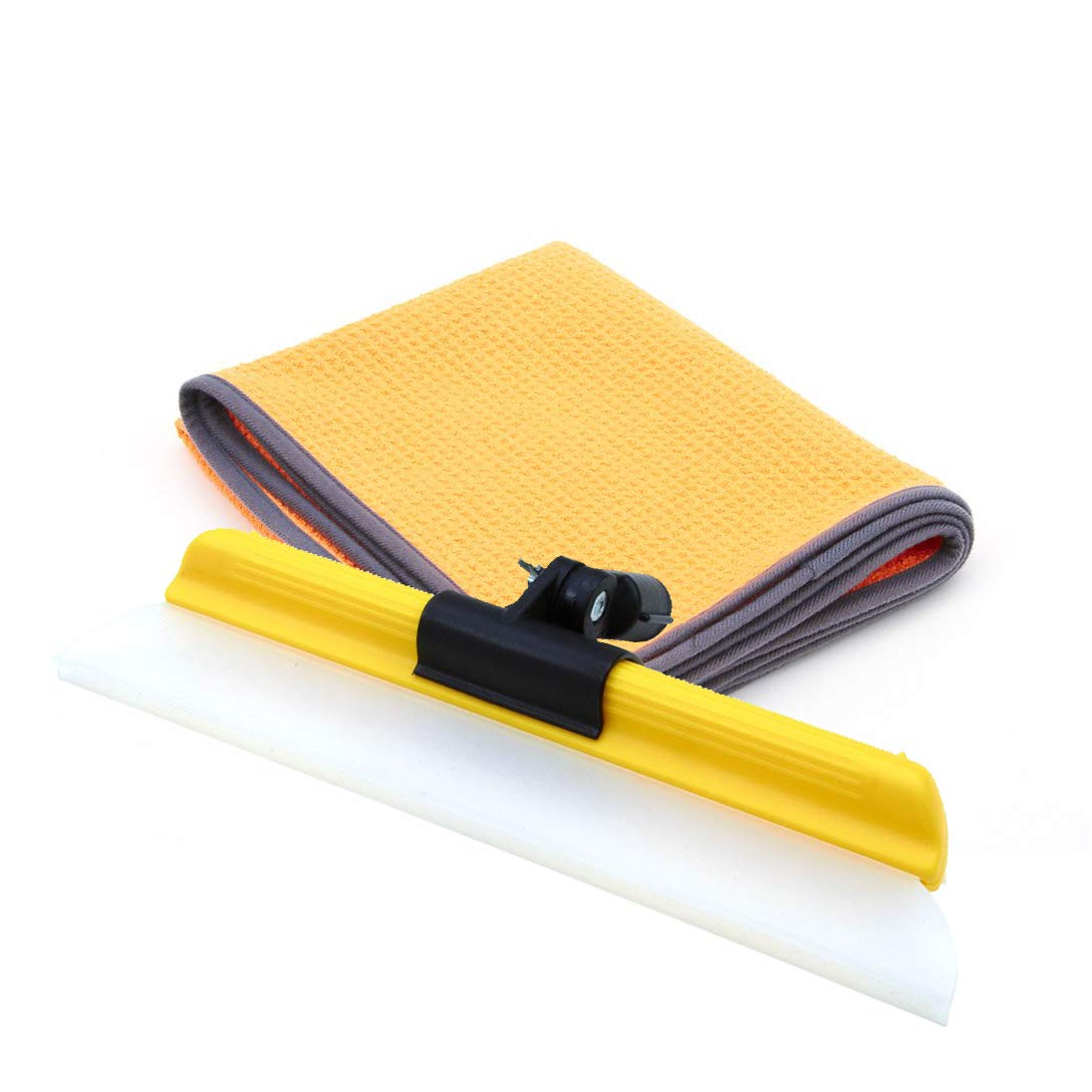 One Pass Hydroglide 14" Waterblade Silicone Y-Bar Squeegee Yellow with Heavy Duty Extension Pole Adapter and XL Microfiber Towel