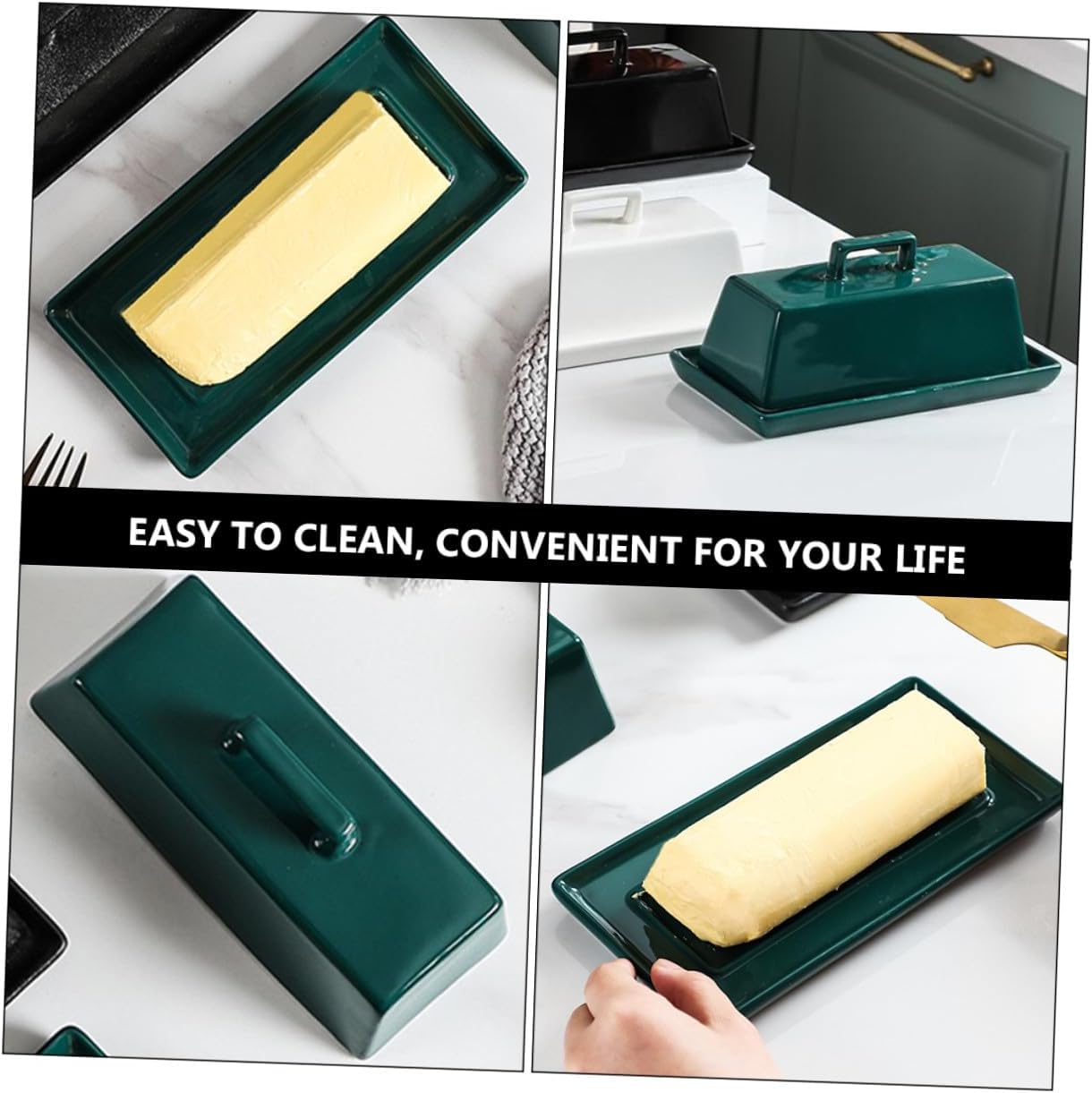 Ceramic Butter Tray with Lid Food Serving Dish for Refrigerator Storage Airtight Covered Butter Keeper for Cheese Bread Snacks Countertop Use Glossy Emerald Tone