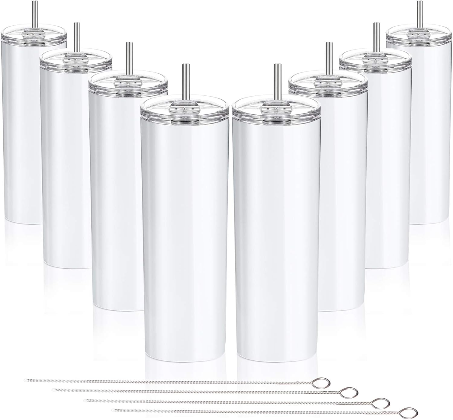 8 Packs Stainless Steel Skinny Tumbler 20 OZ Double-Insulated Water Tumbler Cup Unbreakable Travel Mug with Lids Straw and Cleaning Brush for Hot or Cold Drinks (White)