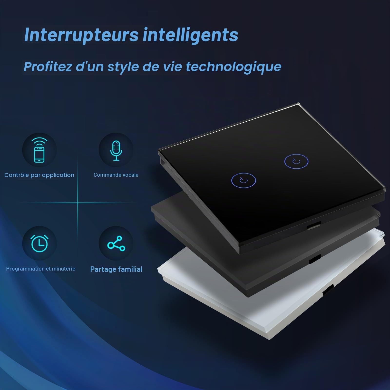 BSEED Interrupteur Connecté WIFI Intelligent 1 Gang 1 Voie Interrupteur Tactile WiFi(Ligne Neutre Requise), Interrupteur de Verre compatible avec Alexa/Google Home, 86mm Noir, 2 Paquets