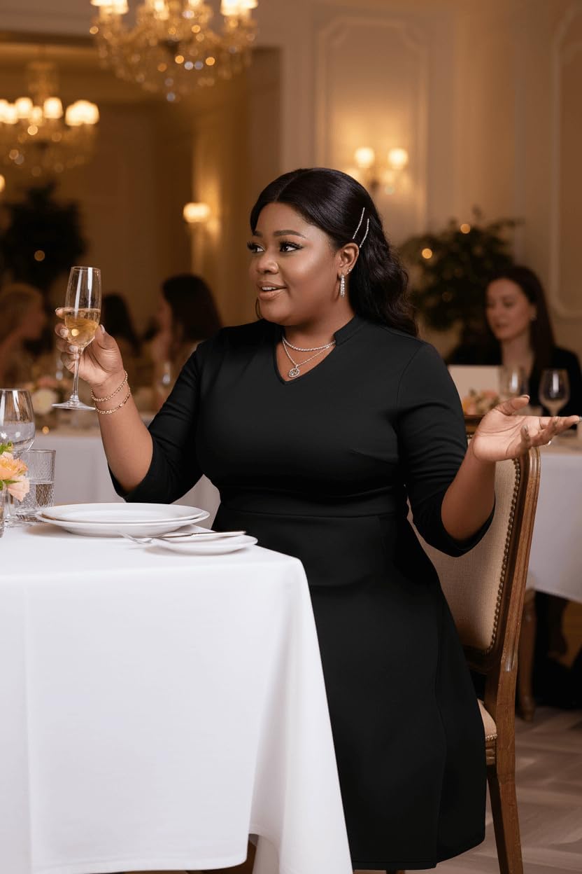 Nmoder Plus Size Dresses for Women - Casual 3/4 Sleeve V Neck Church Midi Dress Wedding Guest Cocktail with Pocket - Image 3