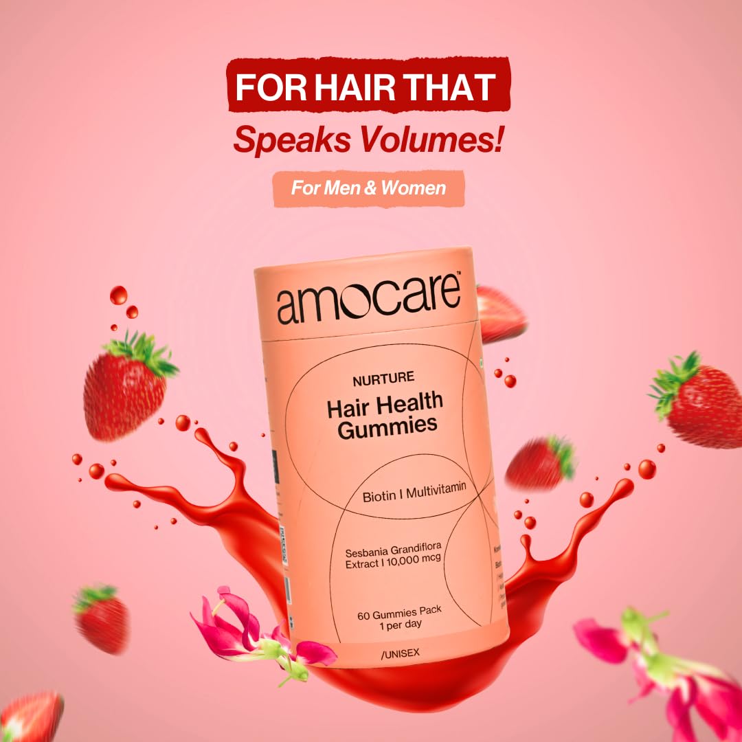 Amocare Biotin Hair Gummies (60 Gummies) | For Healthy Hair, Nails and Skin | With Biotin, Zinc, Vitamin B12, E, D2 and Calcium | Strawberry Flavour | Vegan and Gluten Free