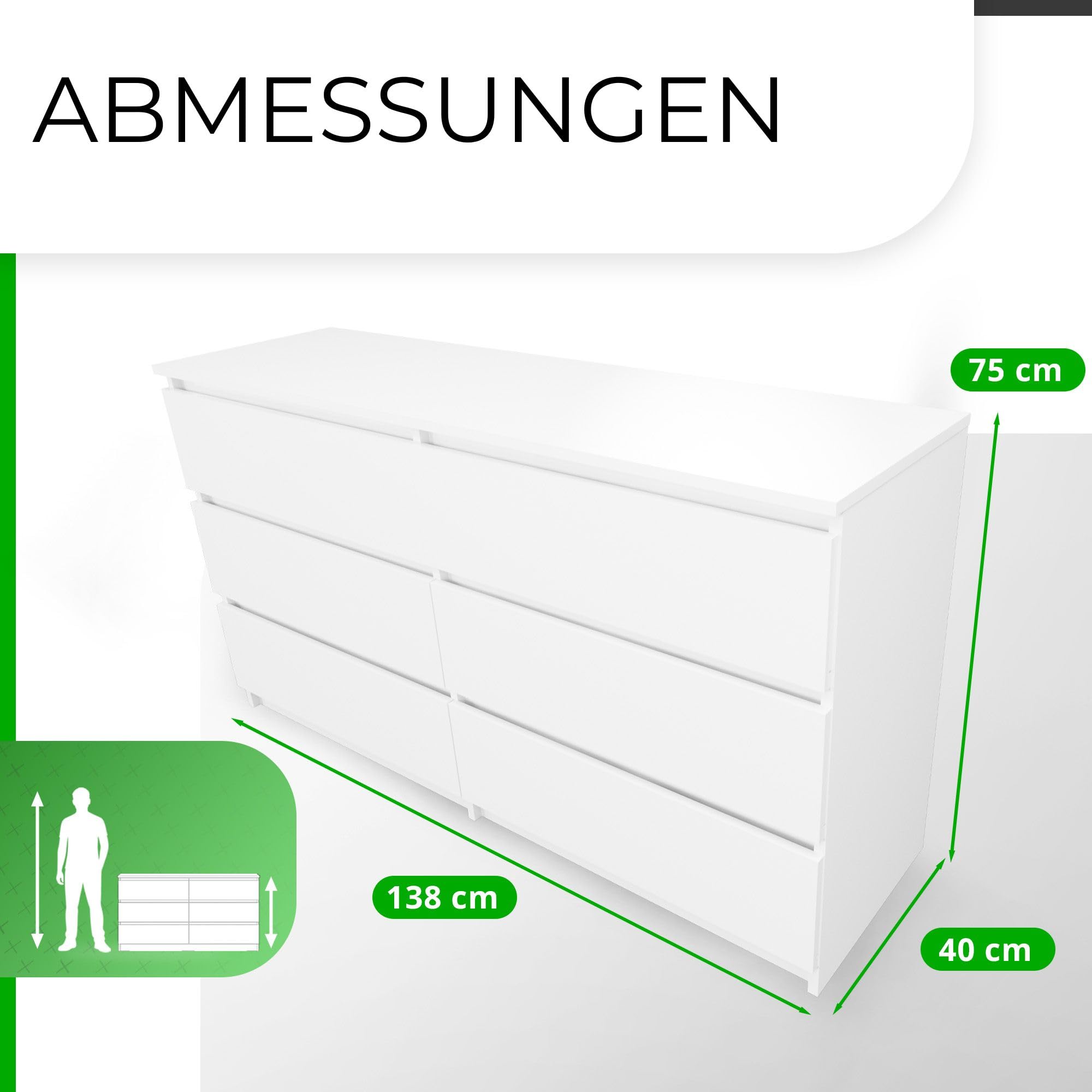 CDF Kommode Weiß mit 6 Schubladen 40 cm Tief Komodenschrank Komode für Wohnzimmer Schlafzimmer Schubladenschrank Malm Kommode viel Stauraum Geeignet Organizer Kleidung 138 cm Breite Modern Look