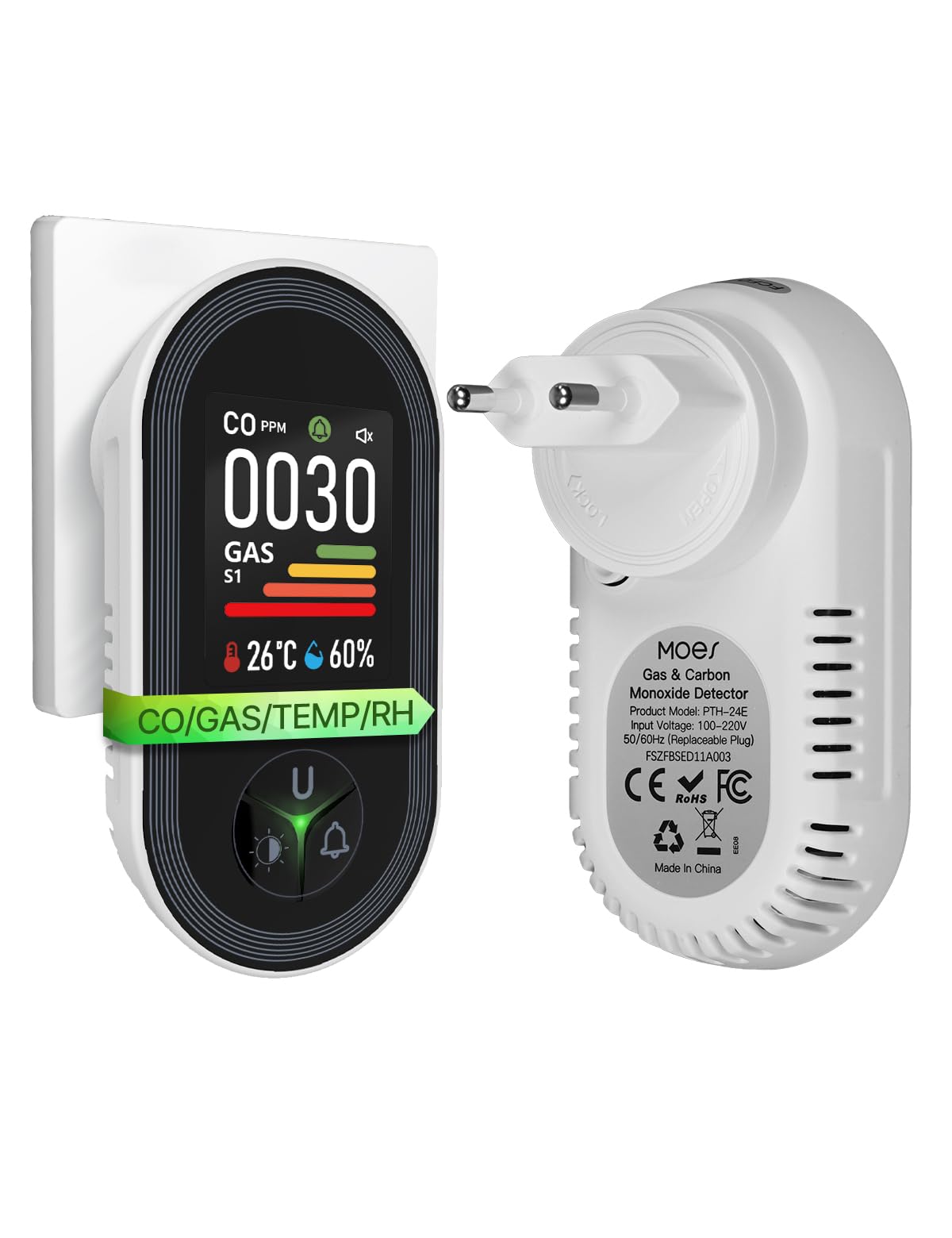 MOES Kohlenmonoxid- und Gasmelder 4-in-1 - Temperatur- & Luftfeuchtigkeitssensor für Haus & Wohnmobil