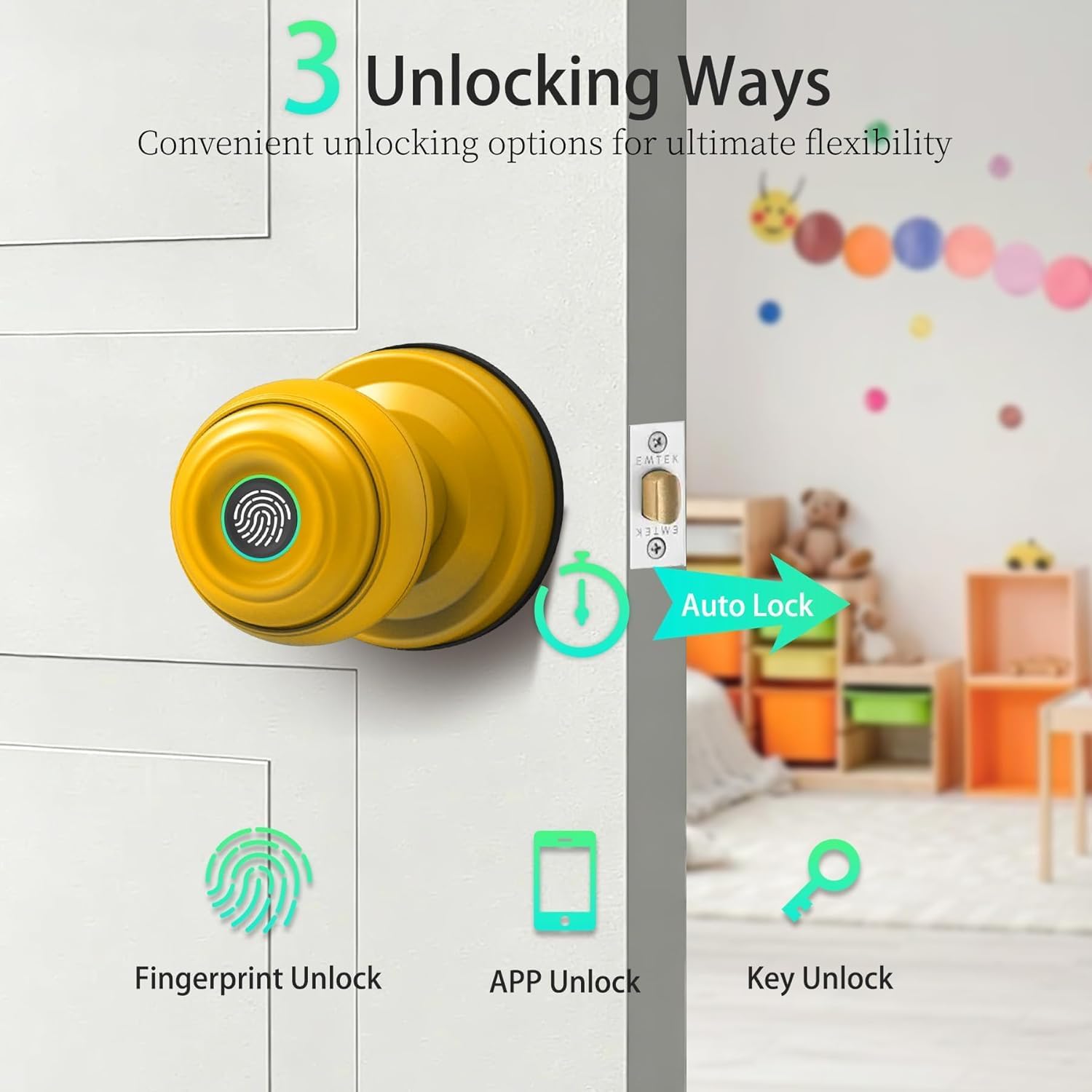 UMIKSMART Fingerprint Door Knob Lock, Smart Keyless Entry Door Knob with Tuya App Control & Auto-Lock, Backup Key, Easy Install for Home, Apartment, Office, Yellow
