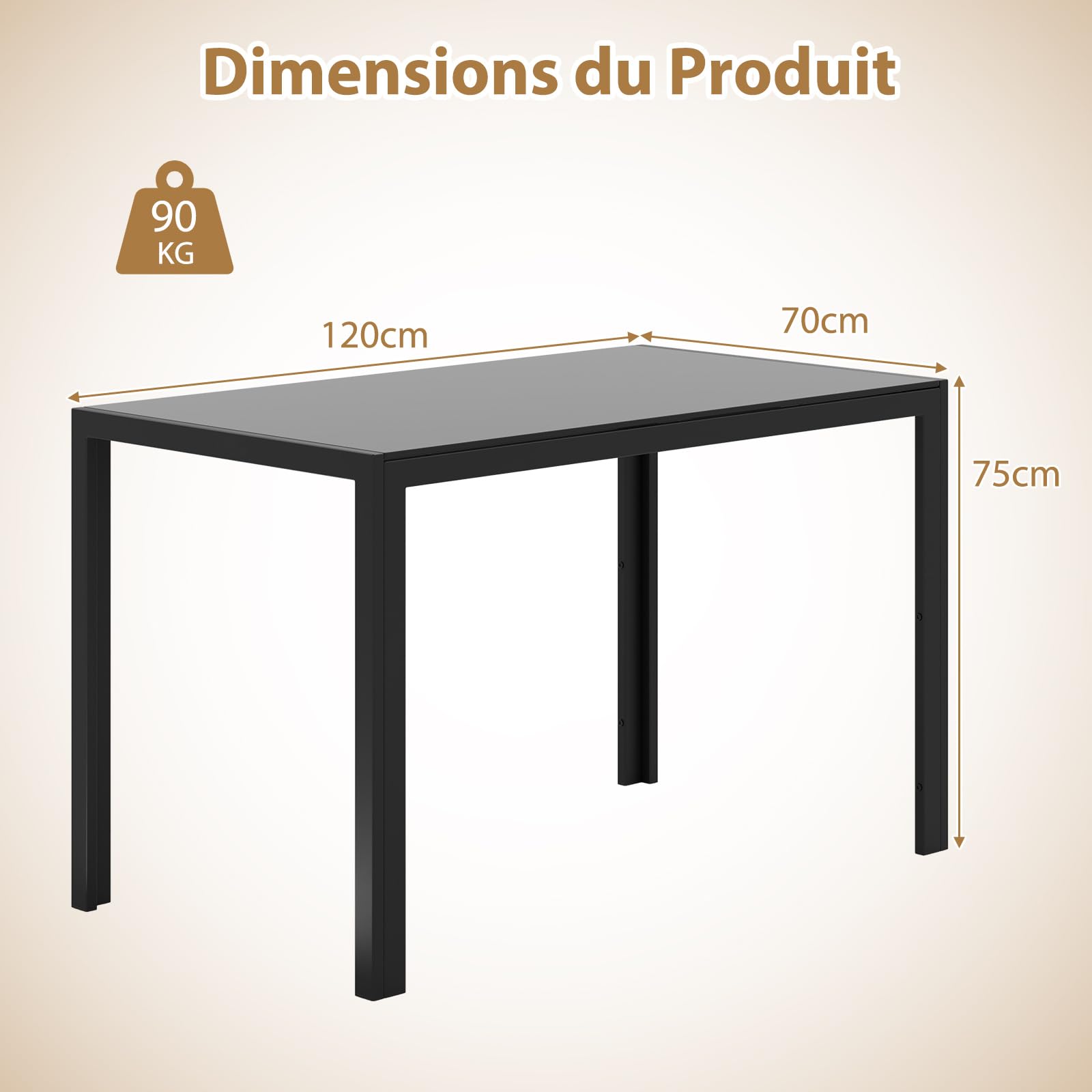 COSTWAY Table à Manger Moderne 120 cm pour 4 Personnes, Table de Cuisine en Verre, Cadre en Métal Robuste, pour Salle à Manger, Cuisine, Noir