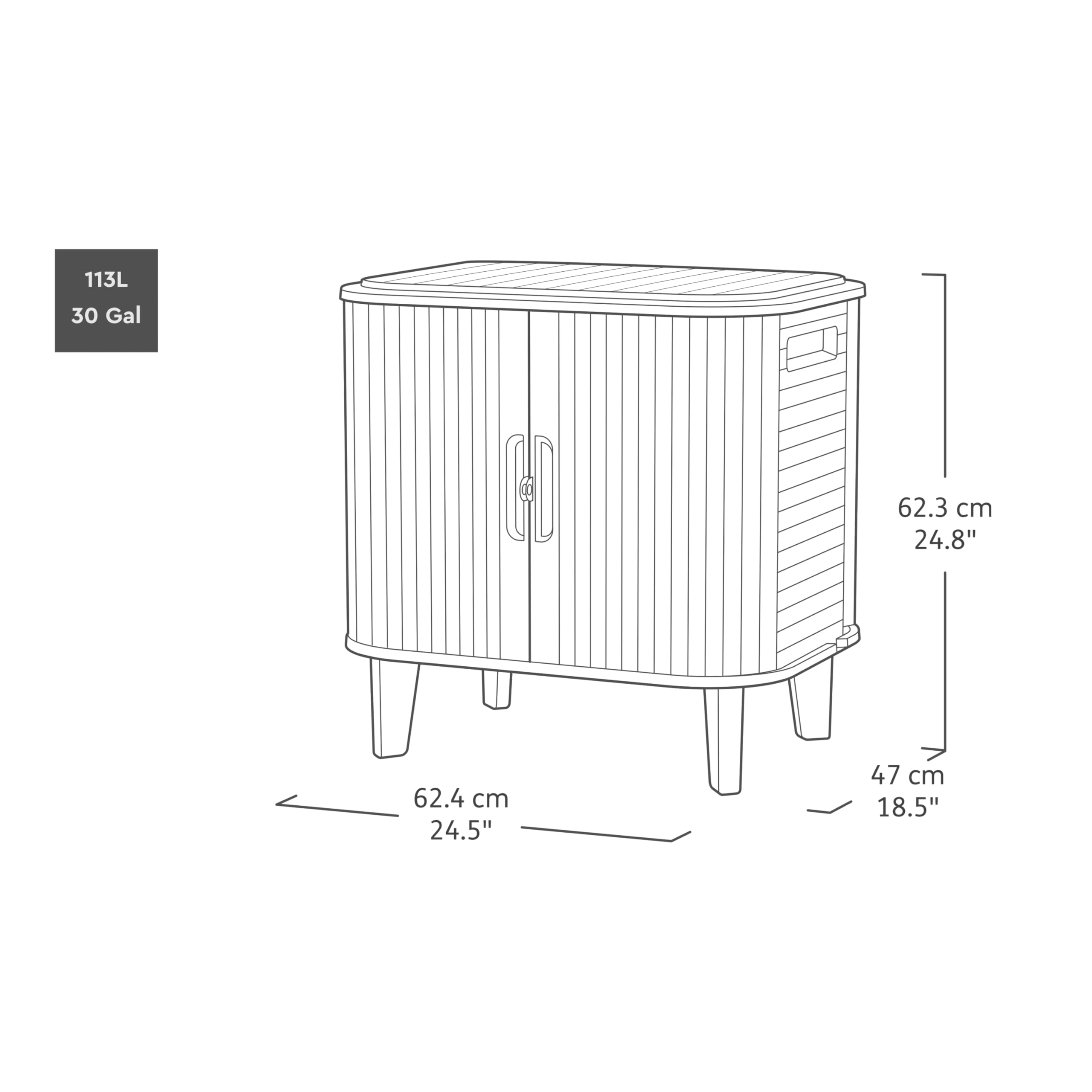 Keter Velo Aufbewahrungsschrank, Graphit, 113 L, 62,3×47×62,4 cm | wetterfest, abschließbar, Holzoptik, stapelbar, mit Schiebetüren