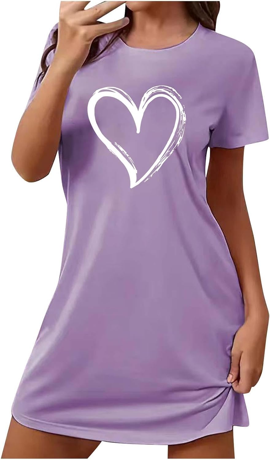 Women's Short Night Gown Cute Heart Graphic Sleepshirts Short Sleeve Nightgowns Comfy Lounge House Dress