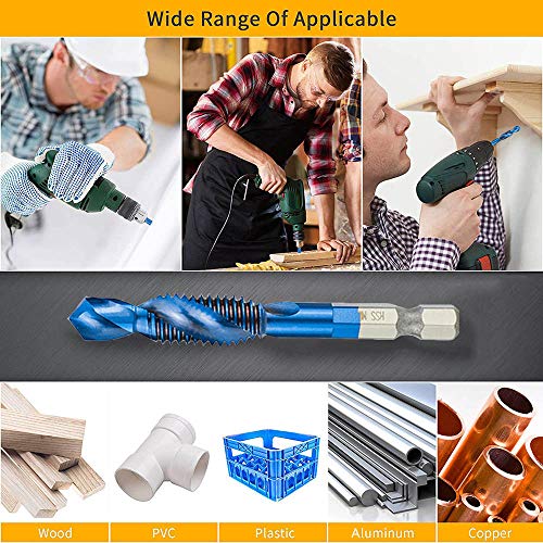 6 Packs Combination Drill & Taps Bit Set, Screw Tapping In 6 Sizes Metric Thread M3 M4 M5 M6 M8 M10 With Nano Blue Coating， Hex Shank #TOP6