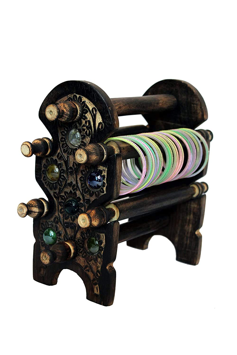 THE CARVING HUTWooden Bangle Stand Case for Women - Folding Storage Holder With 4 Rods - Brown