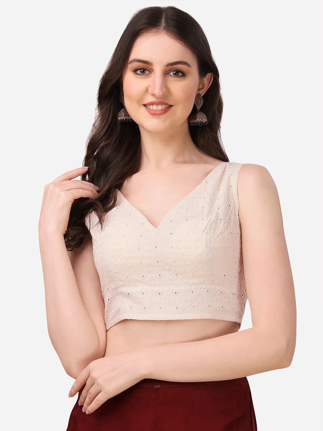 Oomph Women's Indian Ethnic Wear Designer Abstract Pattern V Neck Sleeveless Cotton White Blouse For Saree Or Lehnga And Blousepalazzos Or Skirts For A Fusion Twist.