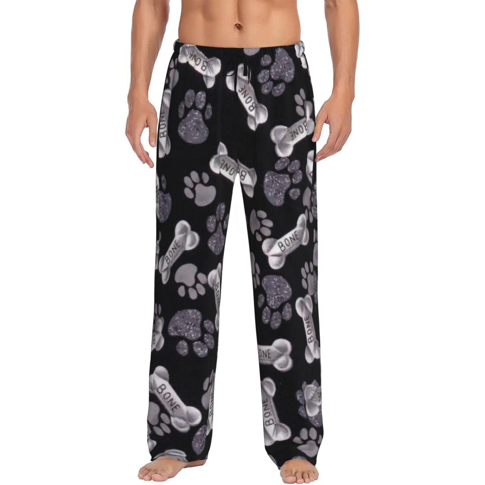 Lmnvbz Men's Black Dog Puppy Paw Print Soft Bottoms Pyjama Pants Lounge Pajama, Lightweight Comfort Sleep Trousers Loungewear Nightwear Pjs With Pockets