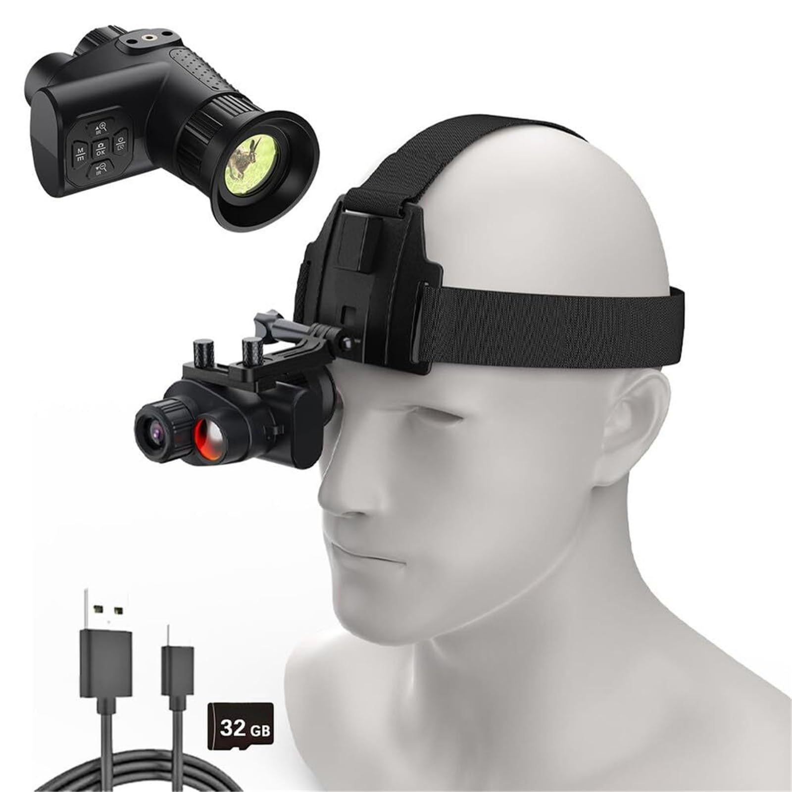 Gafas de visión Nocturna 4K montadas en la Cabeza, monocular infrarrojo con Zoom 8X, batería de 2200 mAh, Tarjeta de 32 GB, Rango de visión de 300 m for Acampar, vigilancia, Caza