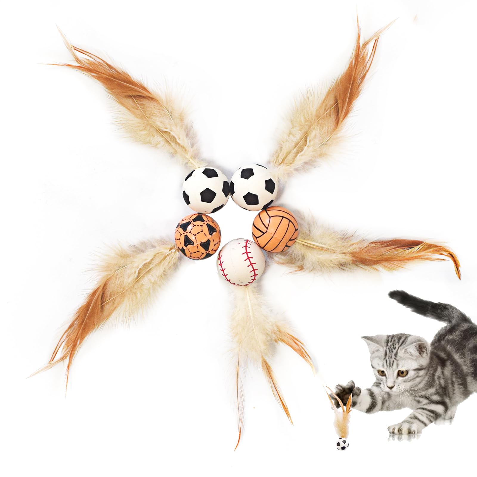 lpdrzka Cat Toy Balls, 5 PCS Colorful Feather Bouncy Balls for Cats No Noise Interactive Kitten Toys Cat Exercise Ball, Safe for Your Kitty (B)