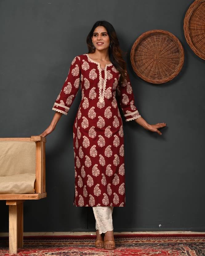 Image of FIRSTRAIN Women Cotton Straight Printed Kurti | Soft Breathable Kurta for Office & Casual Use | | Trendy Festive & Regular Wear Cotton Kurti