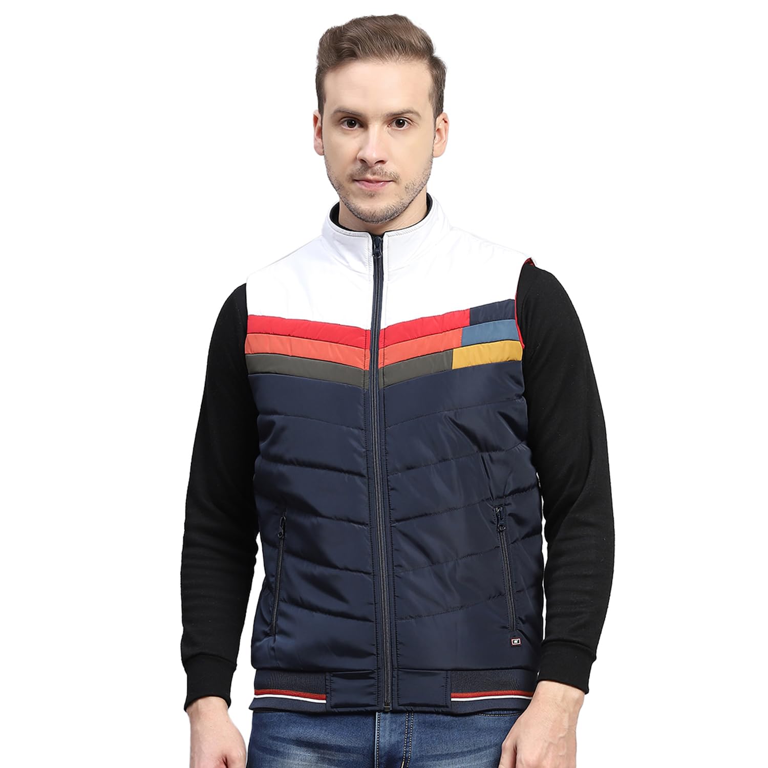 Mens Self Design Mock Neck Sleeveless Jacket (224261710)-image-9