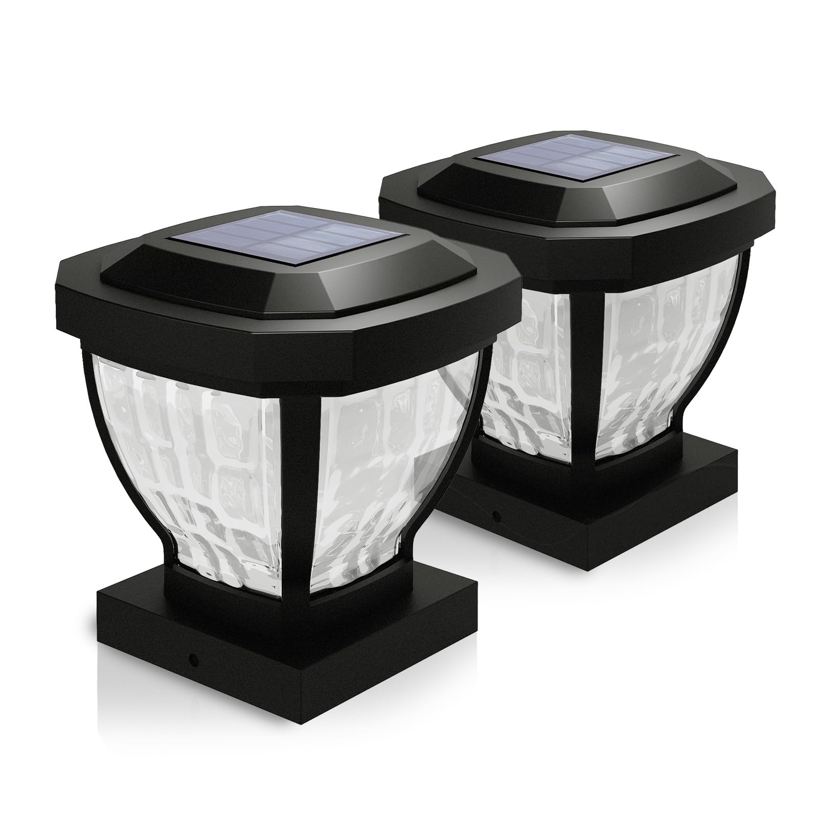 Home Zone Security Solar Post Cap Lights - Decorative Glass LED Outdoor Fits 3.5 x 3.5 in. Post Lights, Black (2-Pack)