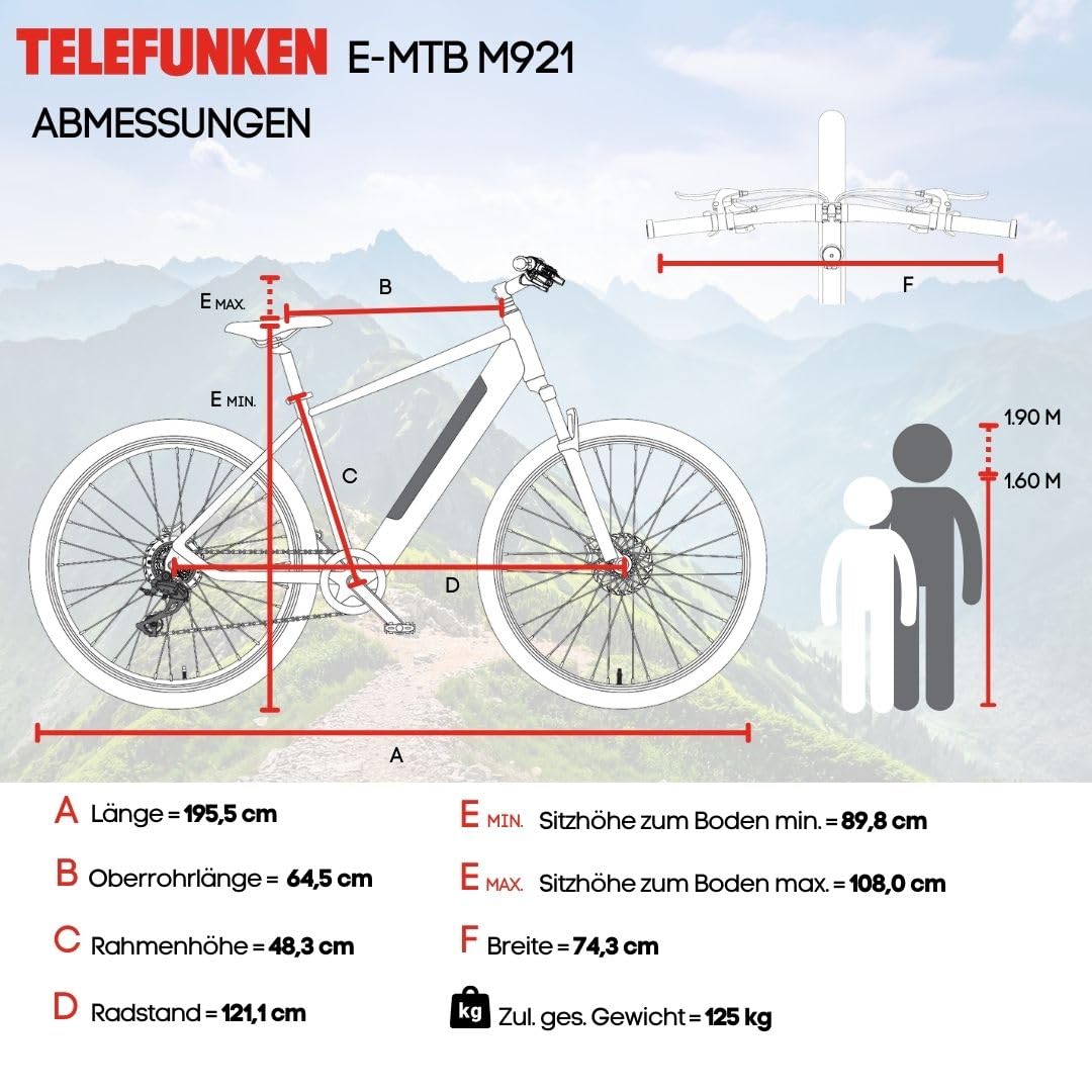 TELEFUNKEN E-Bike Mountainbike 29 Zoll für Herren und Damen | Elektrofahrrad mit 250W Hinterradmotor & 468 Wh Akku | 7-Gang Kettenschaltung | Scheibenbremsen | MTB Hardtail Pedelec