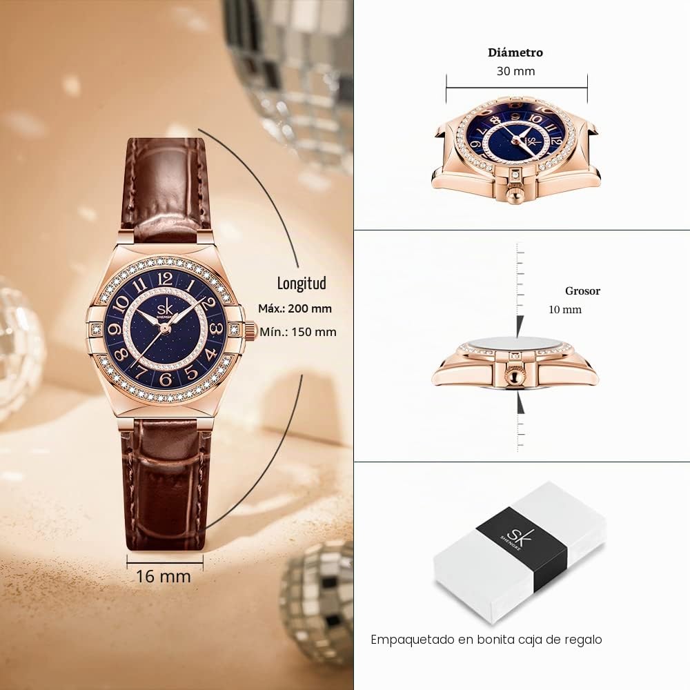 SK Relojes de mujer de moda con diamantes de cristal, reloj de vestir para damas con correa de cuero genuino y acero inoxidable.