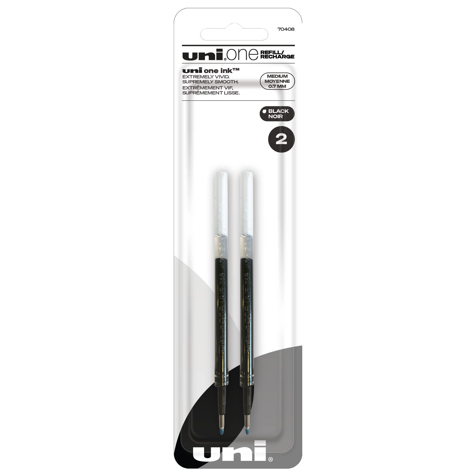 Uniball ONE Gel Pen Refill, 0.7mm Medium Point, Black Ink, 2 Refills