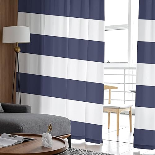 Miniatura 4 de AMZRicher Farm - Cortinas transparentes a rayas azules y blancas de 96 pulgadas de largo, juego de 2 paneles de cortinas semitransparentes con