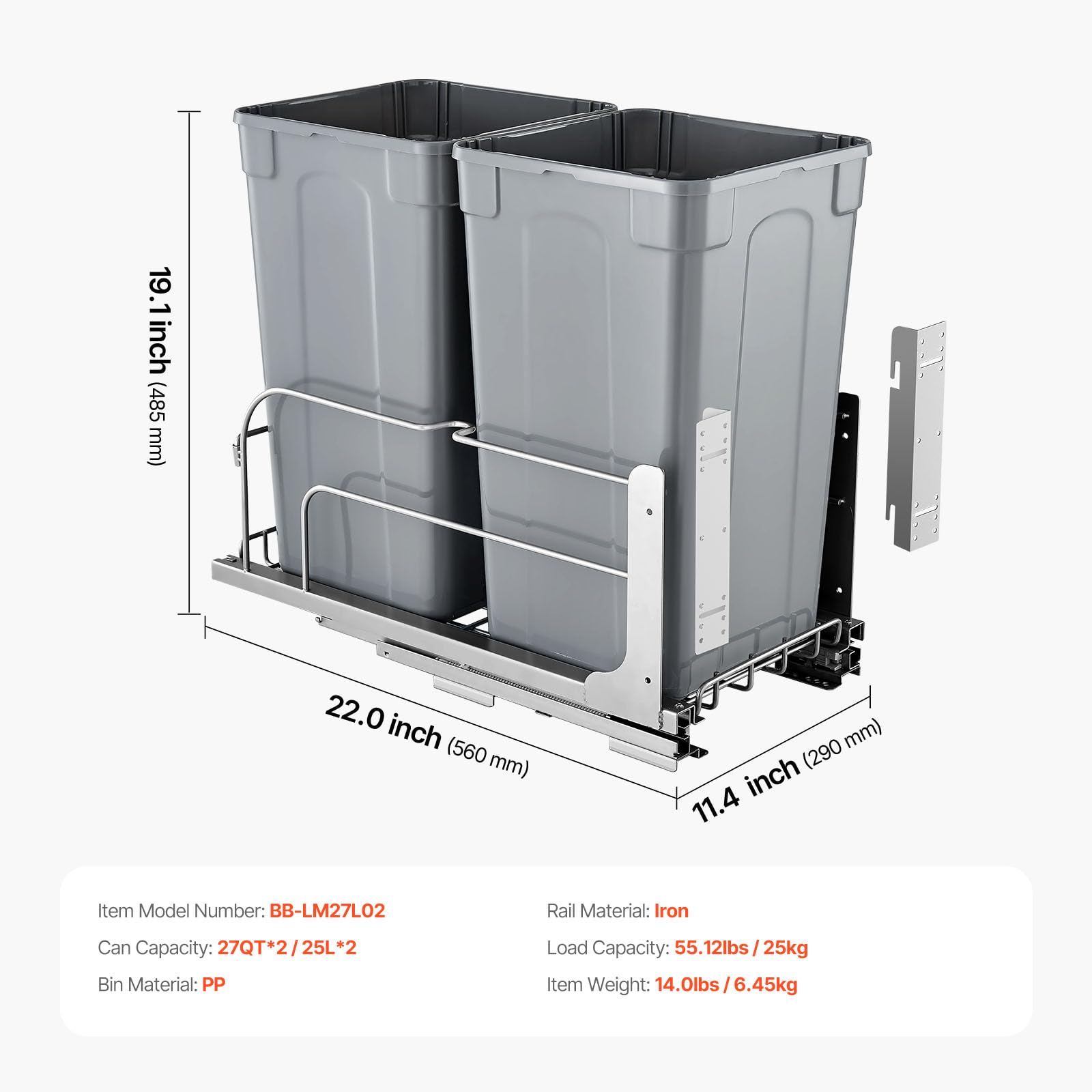 VEVOR ausziehbarer Mülleimer (27 Qt x 2), doppelter Unterbau-Küchenabfallbehälter, Mülleimer mit Türsatz & Soft-Close-Schieberegler, für Küchenschrank Spüle unter der Theke (grau)