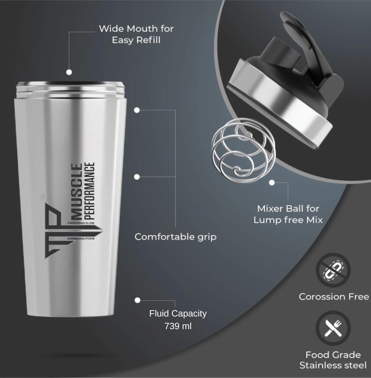 Shaker à protéines en acier inoxydable 739 ml