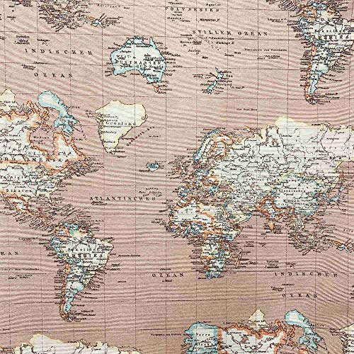 Tissu Toile Imprimé Carte du Monde Mundi Marron 300x280 cm pour Confection