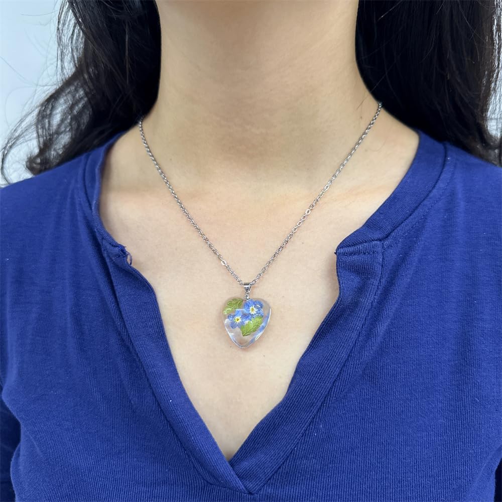 NewZenro Dainty Dried Flower Resin Heart Pendant Necklace Silver Plated Cute Pressed Wildflower Handmade Natural Floral Choker Necklaces Fashion Trendy Jewelry for Her Bff 17.3" - Image 5