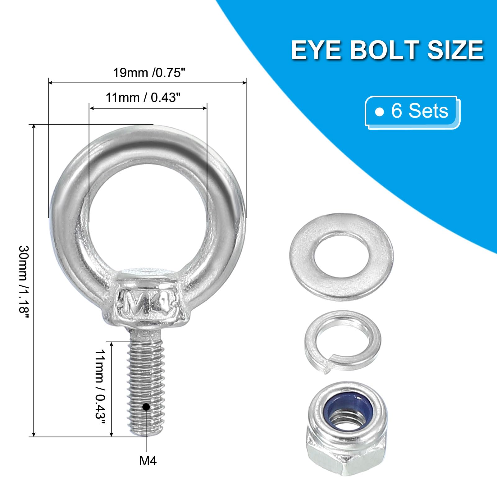PATIKIL Bullone a Occhiello M4 x 11mm con Dado, 6 Pezzi 304 Acciaio Inossidabile Bullone a Occhiello per Sollevamento Vite per Appendere, Argento