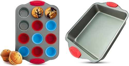 Boxiki Kitchen Combo: Molde para magdalenas Mini de 12 tazas con revestimientos de silicona y bandeja para hornear cuadrada de acero antiadherente