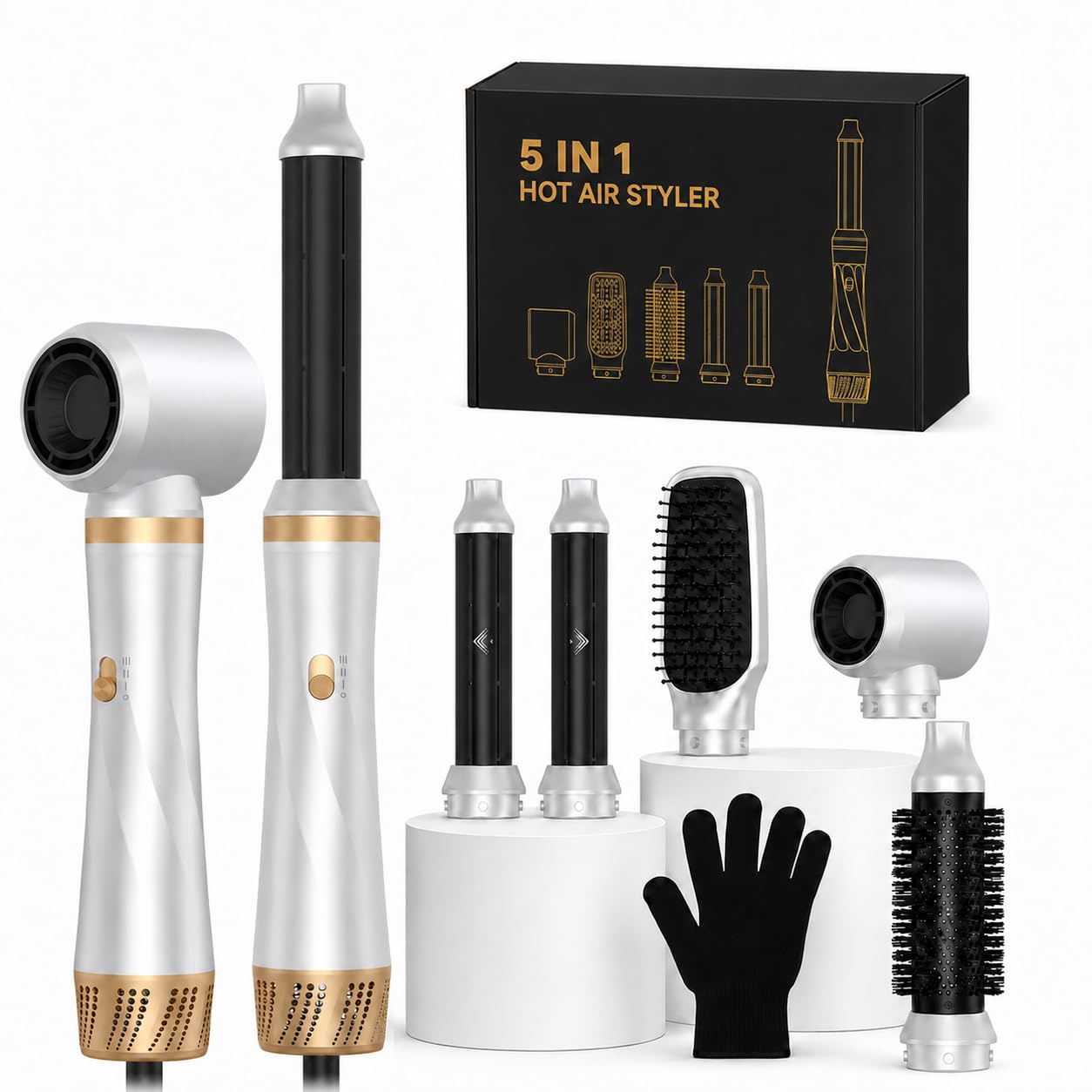 Set 5 in 1, 1000 W, spazzola rotonda ad aria calda, multifunzione, con ferro arricciacapelli automatico, lisciante, asciugatura negativa