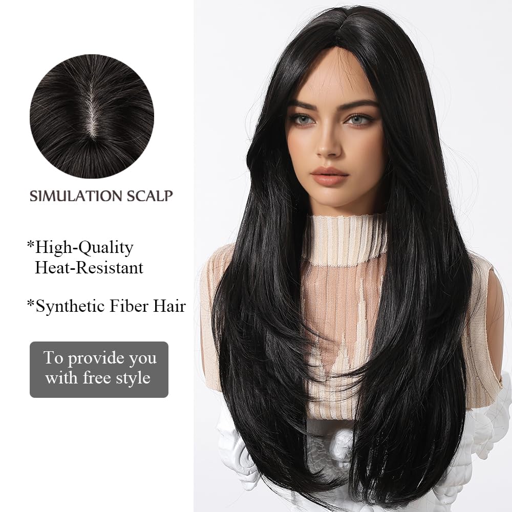 Peluca Larga de Mujer Negra con Flequillo Recto Natural Pelucas de Pelo Sintético Resistentes al Calor para Uso Diario en Fiestas Cosplay
