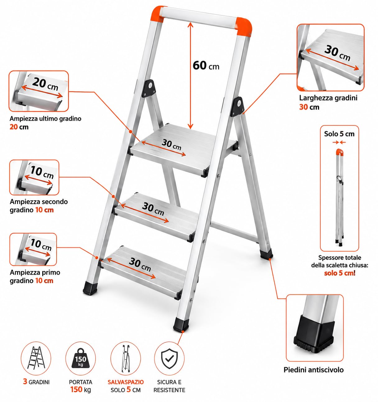 GIERRE BSA301 - Escalera taburete mini Slimstep Light de aluminio, 3 peldaños, grosor 5 cm, pies antideslizantes, súper ligero: 3 kg