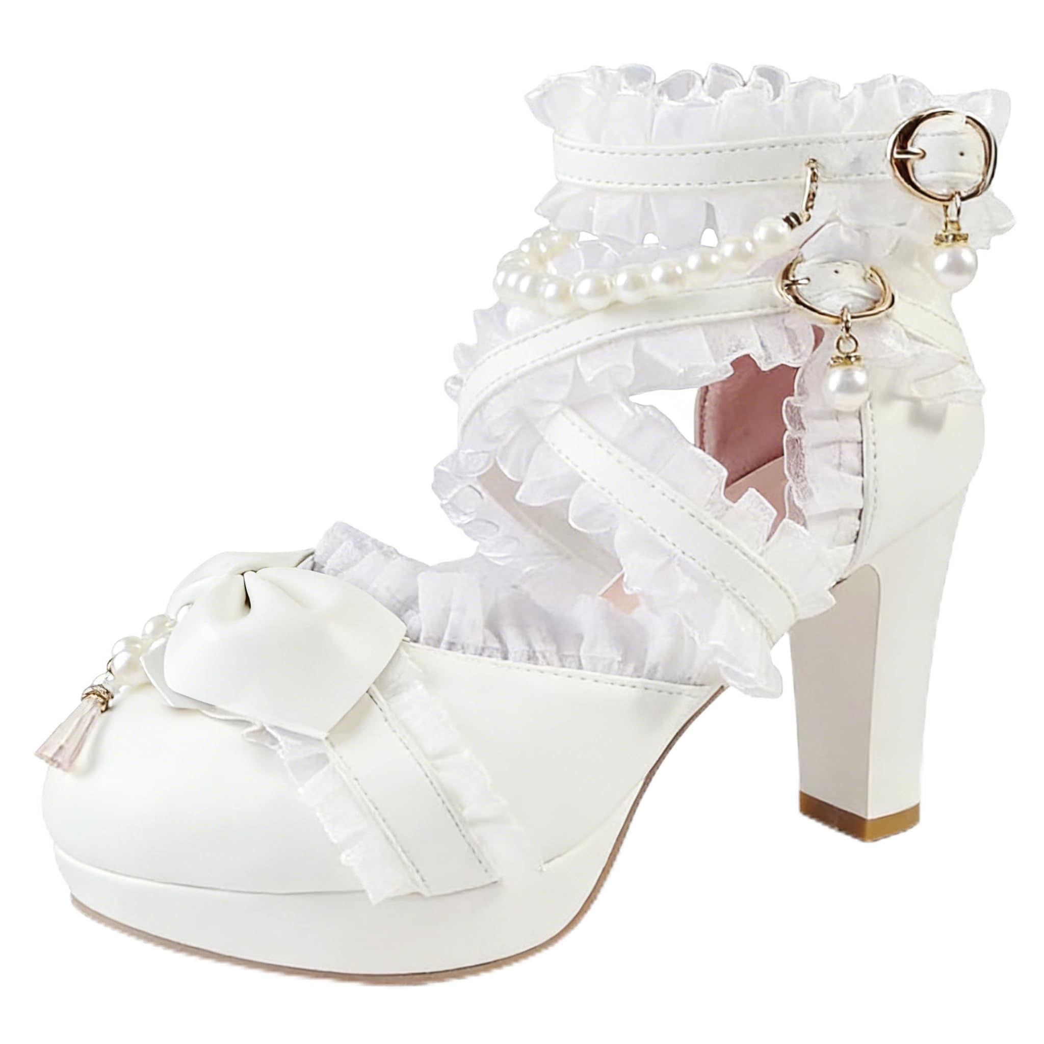 MEOTINA Cute Bow Heels Mary Janes Shoes Women Dress Platform Strappy High Heels Kawaii Shoes 4 Lolita-white
