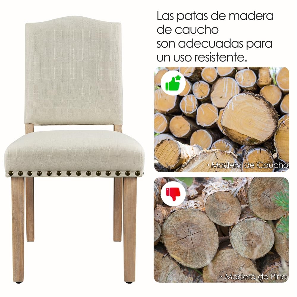 Yaheetech Juego de 2 Sillas de Cocina Tapizada de Tela Pata Madera Beige | Silla de Comedor Respaldo Alto, Silla de Cocina Tapizada de Tela, Diseño Clásico, Asiento Acolchado, para Salón y Cocina