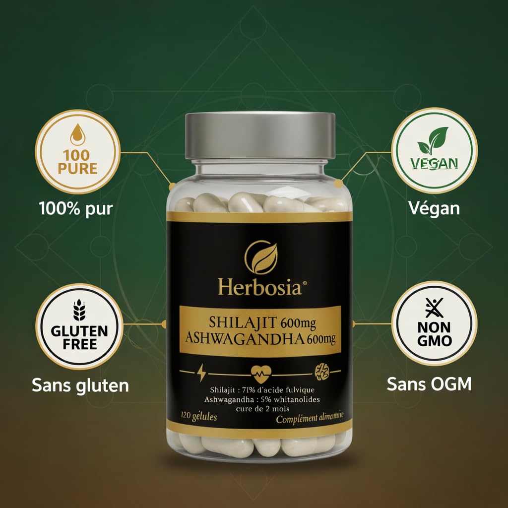 Shilajit 600 mg + Ashwagandha 600 mg – Complément Ayurvédique Origine Himalaya | 71% Acide Fulvique & Oligo-Éléments Naturels | Énergie, Vitalité & Anti-Stress | 120 Gélules