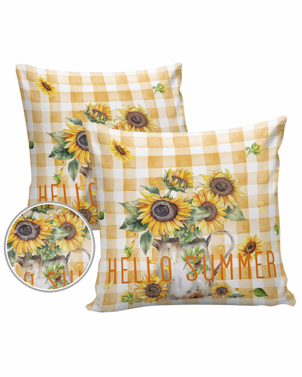 Sunflower Orange Outdoor Pillow Cover 20x20 Inch Cushion Sham Case,Waterproof Decorative Square Throw Pillowcase for Outside Garden Patio Porch Couch Chair Tent Spring Floral Farmhouse Plaid Checkered