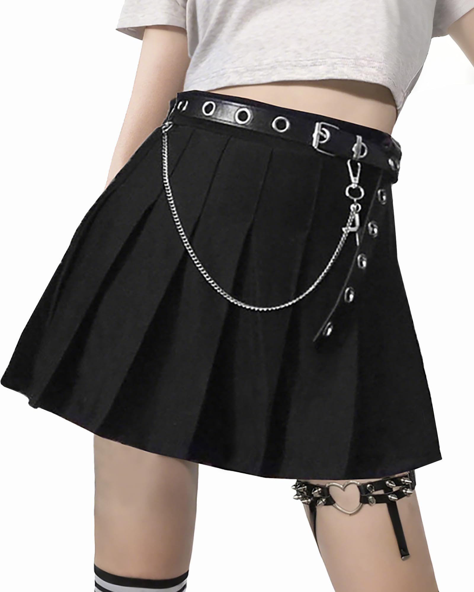 Punk Cross Print Dark Mini Skirts Chain Belt Black Uniform Pleated Skirt