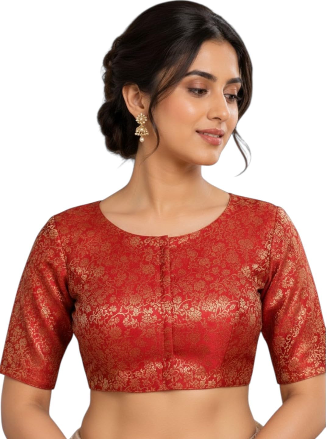 biyu Red Brocade Saree Blouse with Gold Floral Print, Half Sleeve-picture-30